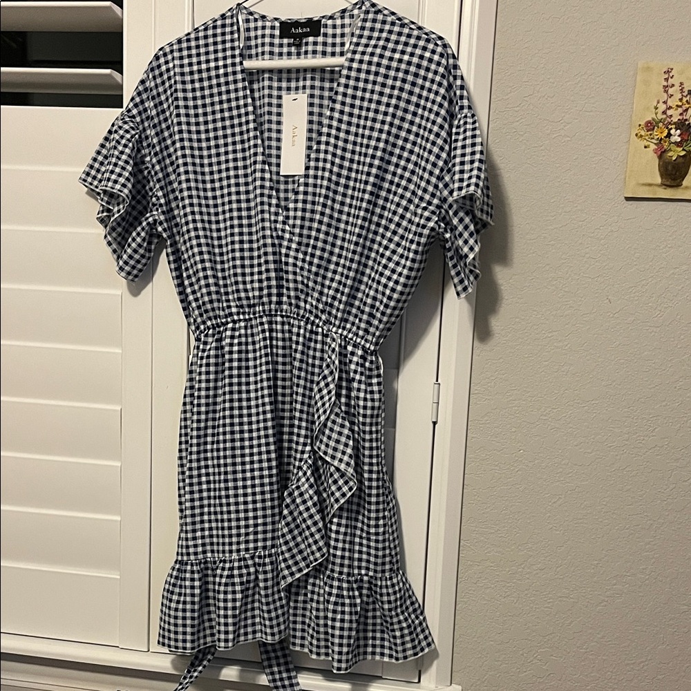 Aakaa Navy and White Checkered Dress